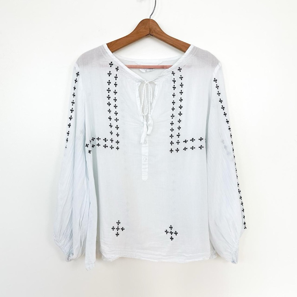 Emerson Fry India Collection Embroidered Cotton Tie Front Peasant Blouse small - Picture 2 of 7